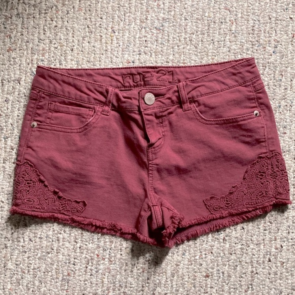 Rue 21 Cranberry Denim Short Shorts with Lace Detail